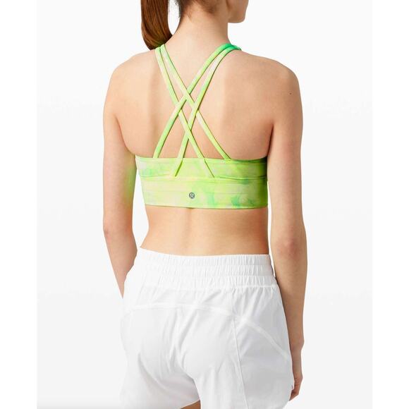 LULULEMON Energy Bra High Neck Long Line Shibori Highlight Green Yellow Sz 10 - Picture 1 of 6